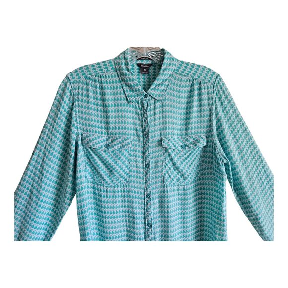 EDDIE BAUER Women's S Shirt Teal White Button Up Lightweight Roll Up Tabs 36" - Picture 2 of 8